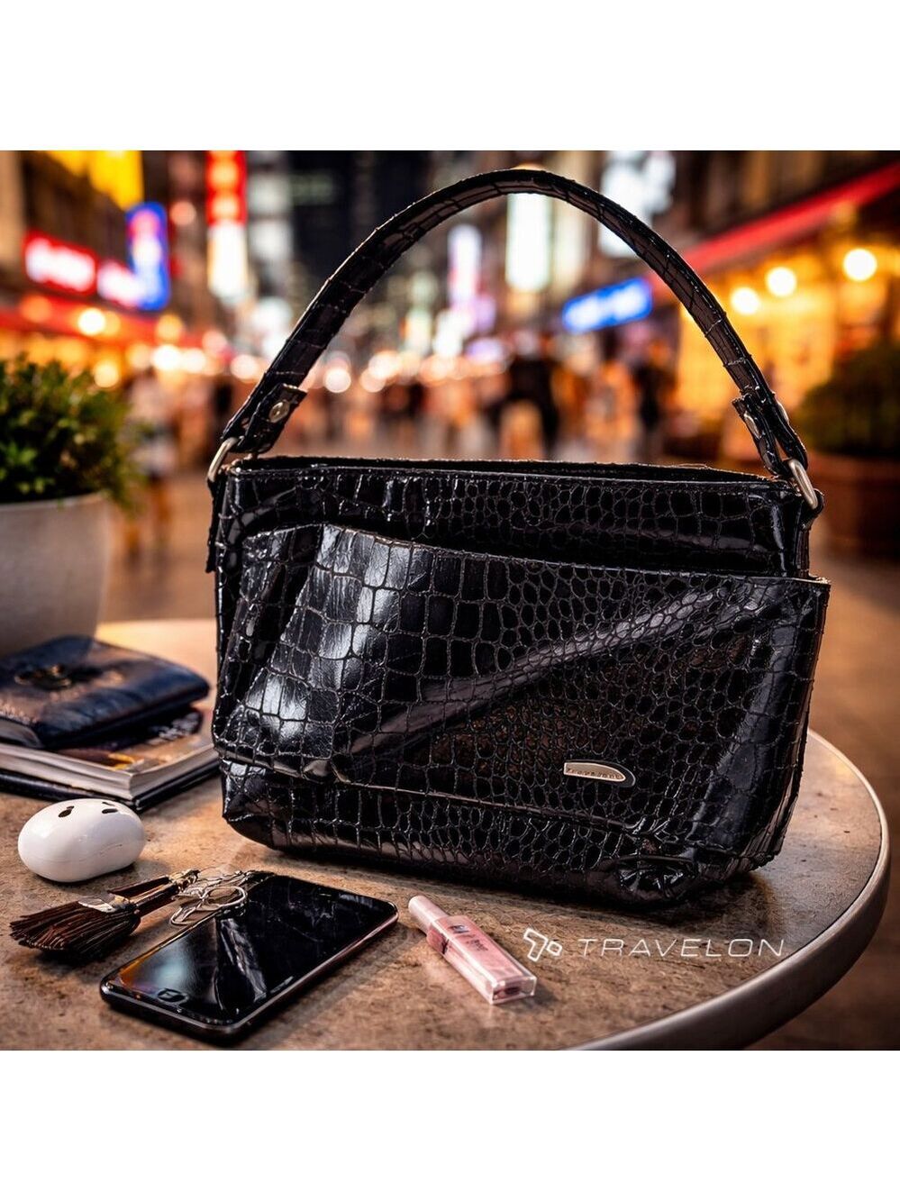 Travelon RFID Blocking Faux Croc Shoulder Bag Evening Travel Purse